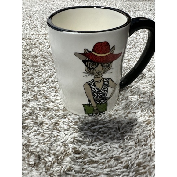 Signature Housewares Inc Tiger Cat Hipster Coffee Mug‎ Glasses Red Hat 16 oz - Picture 1 of 3